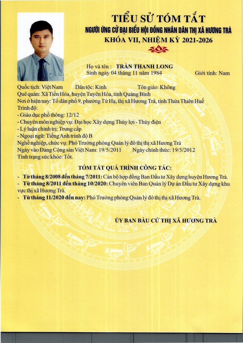Tiểu sử và chương trình hành động của ông Trần Thanh Long, ứng cử Đại biểu HĐND thị xã khóa VII, nhiệm kỳ 2021 - 2026